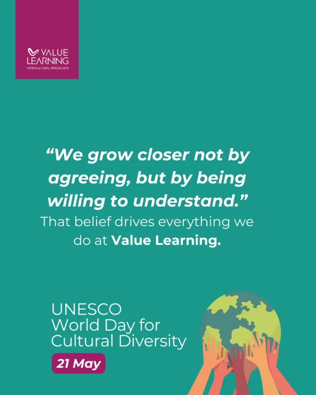 UNESCO World Day for Cultural Diversity – 21 May

Some days are worth pausing for.

Today reminds us why we do what we do: creating spaces for curiosity, empathy, and connection. At Value Learning, this work is deeply personal. It shows up in every workshop we facilitate, every conversation we hold, and every story we help bring to light.

We’re proud to collaborate with the World Council on Intercultural and Global Competence, alongside Dr. Darla Deardorff, UNESCO Chair for Intercultural Competence. Together, we’re part of a global effort to strengthen intercultural understanding and keep humanity at the centre of how we live, learn, and lead.

Diversity isn’t just something to acknowledge — it’s something to practise, nurture, and celebrate. Every day.

#WorldDayForCulturalDiversity #ValueLearning #UNESCO #InterculturalCompetence #WorldCouncil #InclusionMatters #GlobalCitizenship